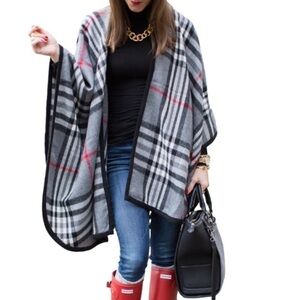 V. FRAAS Ruana Style Wrap Warm Plaid Gray Black White Red Women One Size
